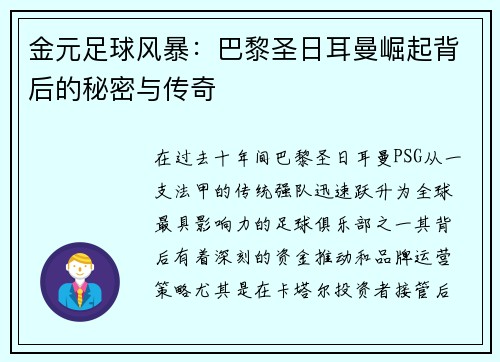 金元足球风暴：巴黎圣日耳曼崛起背后的秘密与传奇